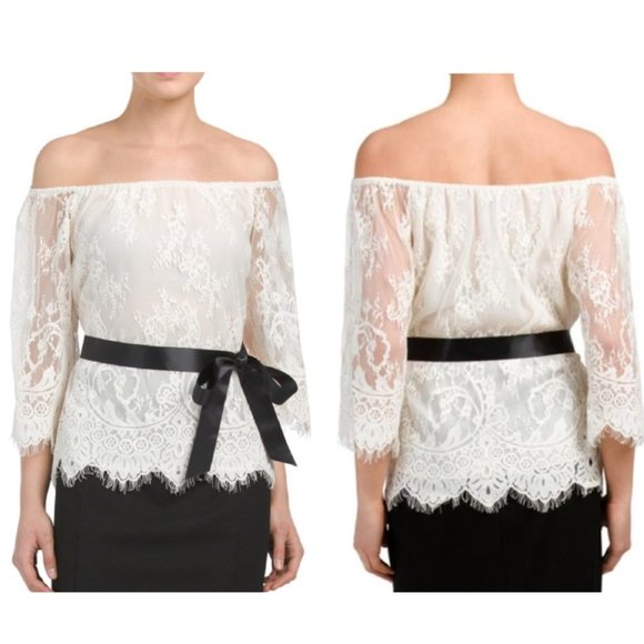 Rickie Freeman for Teri Jon Tops - Rickie Freeman For Teri Jon Women's Off-The-Shoulder Lace Blouse Ivory Size 12